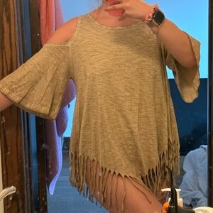 Umgee Olive Green Cold-Shoulder Fringe Top